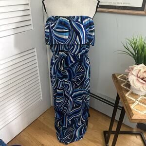 MONTE Womens Dress Large Blue Maxi Strapless Tiered Abstract Bohemian Summer